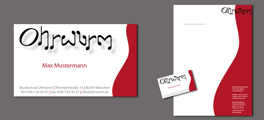 Corporate Design Musikschule Ohrwurm — Visitenkarte und Briefpapier